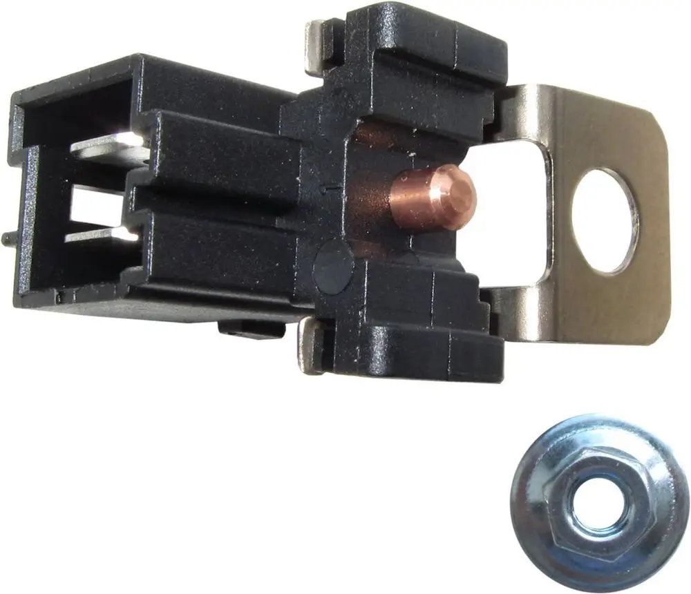 Temperatursensor von Bosch, bestehend aus einem Kunststoffgehäuse mit einer Metallplatte und einem Kupferkontakt. Montageschraube liegt daneben.